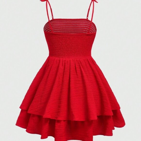 💚 Red Tiered Smocked Strappy Summer Mini Dress with Ruffles and Textured Fabric - Picture 2 of 7